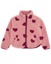 Load image into Gallery viewer, A pink sherpa fleece zip-up jacket for kids, featuring a pattern of dark magenta hearts and a matching dark magenta zipper.
