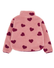 Load image into Gallery viewer, A pink sherpa fleece jacket with a mock neck and an allover pattern of dark magenta hearts, shown against a plain white background.
