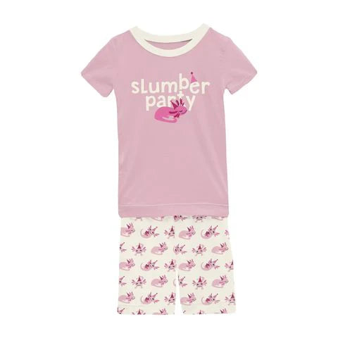 Short Sleeve Graphic Tee PJ Set With Shorts - Natural Axolotl Party
