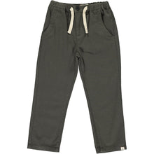 Load image into Gallery viewer, A pair of dark gray kids' pants with an elastic waistband, a black button, and contrasting cream-colored drawstrings, shown flat on a white background.
