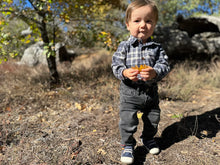 Load image into Gallery viewer, A toddler standing outdoors in a wooded area, wearing a blue and gray plaid button-up shirt, dark gray pants, and blue sneakers.
