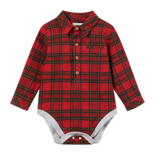 Load image into Gallery viewer, A baby long-sleeve button-front romper in a red tartan plaid pattern with black and green stripes, featuring a collar, snap buttons, and a gray snap-closure bottom.
