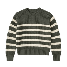 Load image into Gallery viewer, A dark olive green knit sweater with horizontal cream-colored stripes, featuring a crew neck, ribbed cuffs, and a ribbed hem, shown against a plain white background.
