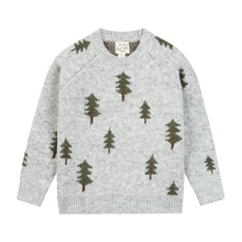 Load image into Gallery viewer, A light gray knit crewneck sweater with an allover pattern of dark green pine trees, shown flat against a white background.
