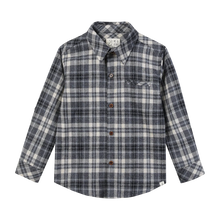 Load image into Gallery viewer, A long-sleeve plaid button-up shirt in gray and off-white, featuring brown buttons and a chest pocket, displayed flat against a white background.
