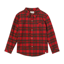Load image into Gallery viewer, A red long-sleeve plaid button-up shirt with black and green lines, featuring a pointed collar, front buttons, and a chest pocket, shown flat on a white background.
