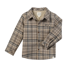 Load image into Gallery viewer, A children's long-sleeve plaid button-up shirt with a warm beige sherpa lining, featuring a brown and black grid pattern on a white background.
