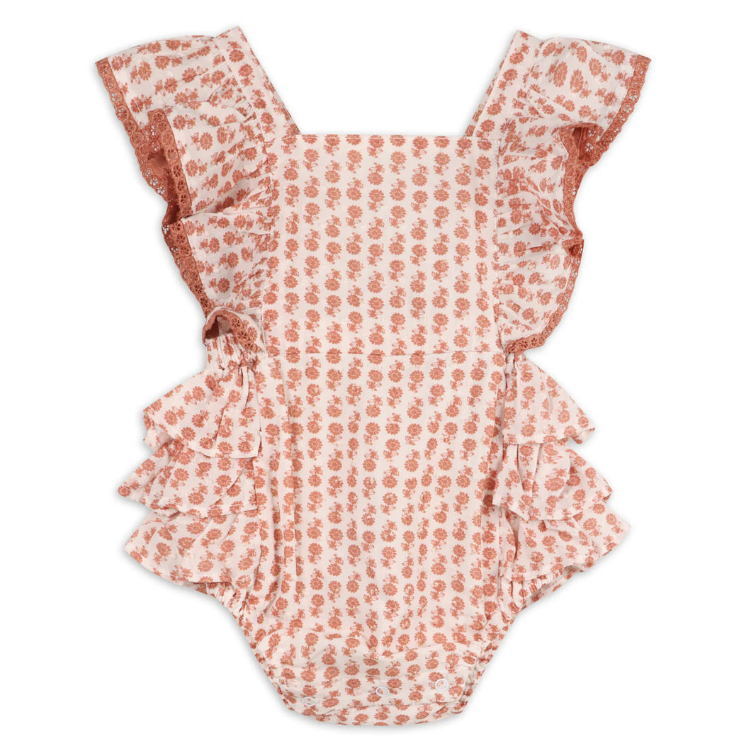 Vienna Floral Printed Dotted Bobby Baby Romper - Floral Terracotta