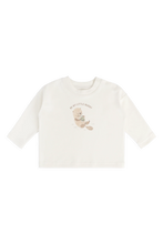 Load image into Gallery viewer, An off-white long-sleeve crop top featuring a cute cartoon bunny graphic and the text 'BE MY LITTLE BUNNY' printed on the chest, displayed flat against a solid white background.
