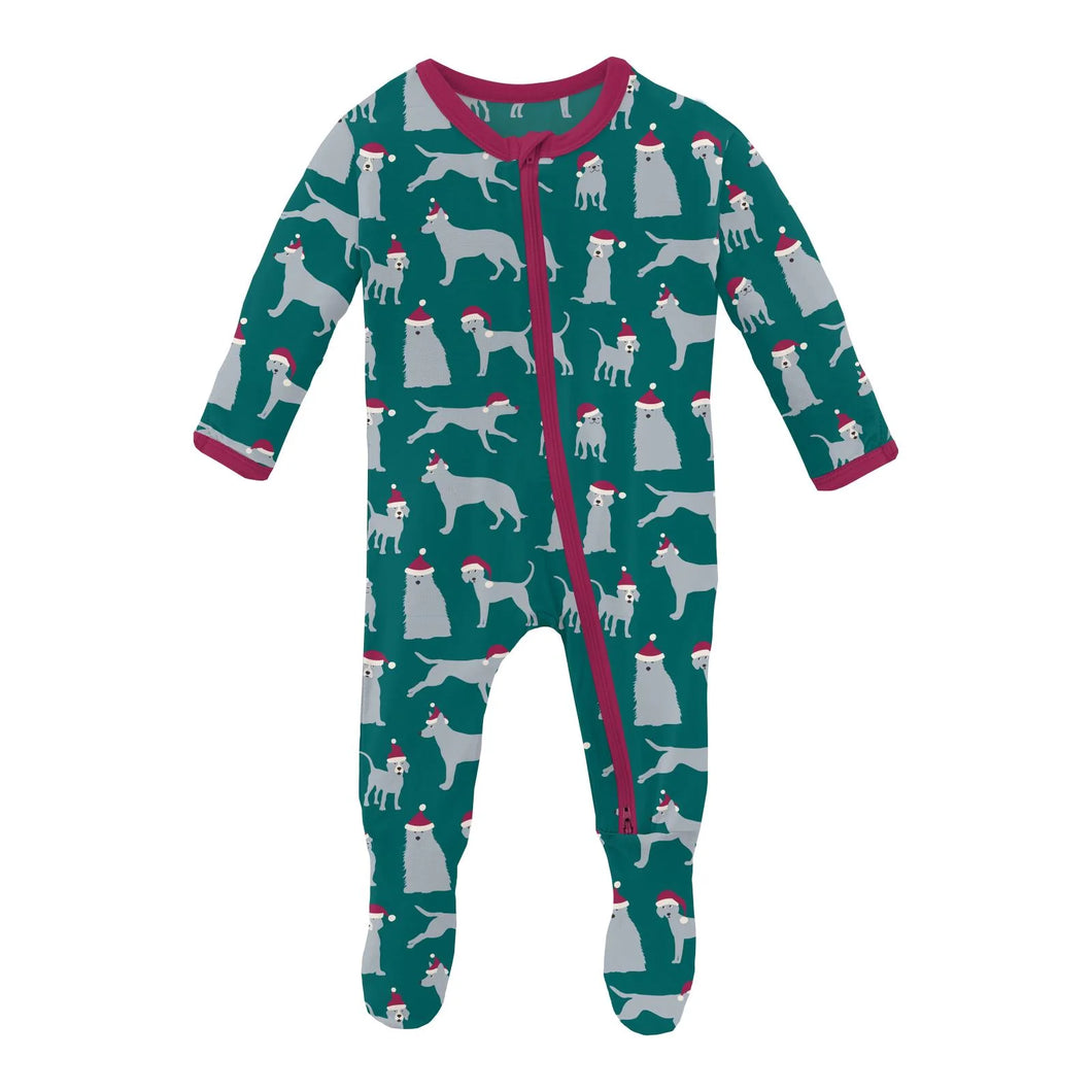 2 Way Zipper Footie - Cedar Santa Dogs