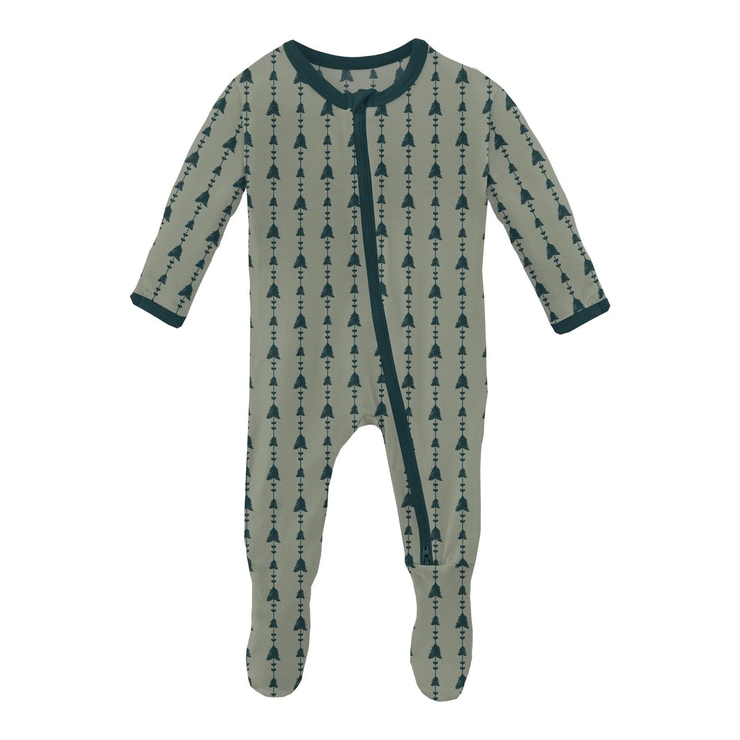 2 Way Zipper Footie - Silver Sage Trees & Hearts