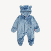Load image into Gallery viewer, Magnetic Me Winter Sky blue minky baby footie with a bear-ear hood, fold-over mitten cuffs, and enclosed feet.
