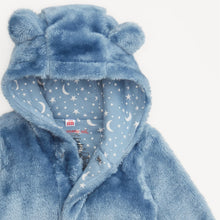 Load image into Gallery viewer, Close-up of the blue plush bear-ear hood and opened neckline, showing white moon-and-star print lining.
