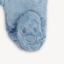 Load image into Gallery viewer, Close-up of the blue minky footie’s sole featuring an embroidered bear paw print.⠋
