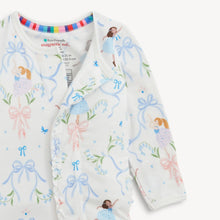 Load image into Gallery viewer, Close-up of the footie’s open magnetic neckline and ruffle-trimmed front, showing pastel ballerinas and blue bows.
