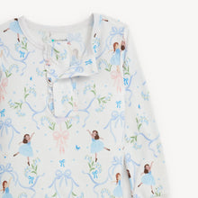 Load image into Gallery viewer, Close-up of the pajama top’s opened magnetic neckline and ruffle trim, showing ballerinas, blue ribbons, and flowers.

