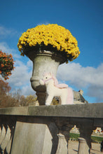 Load image into Gallery viewer, Pink rocking horse and yellow flowers in a stone urn against a blue sky.
