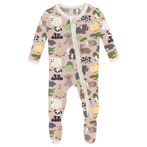 Print Muffin Ruffle Footie with 2 Way Zipper - Baby Rose Too Many Stuffies
