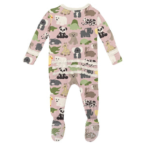 Print Muffin Ruffle Footie with 2 Way Zipper - Baby Rose Too Many Stuffies