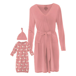 Women's Print Mid Length Lounge Robe & Layette Gown Set - Blush Stork