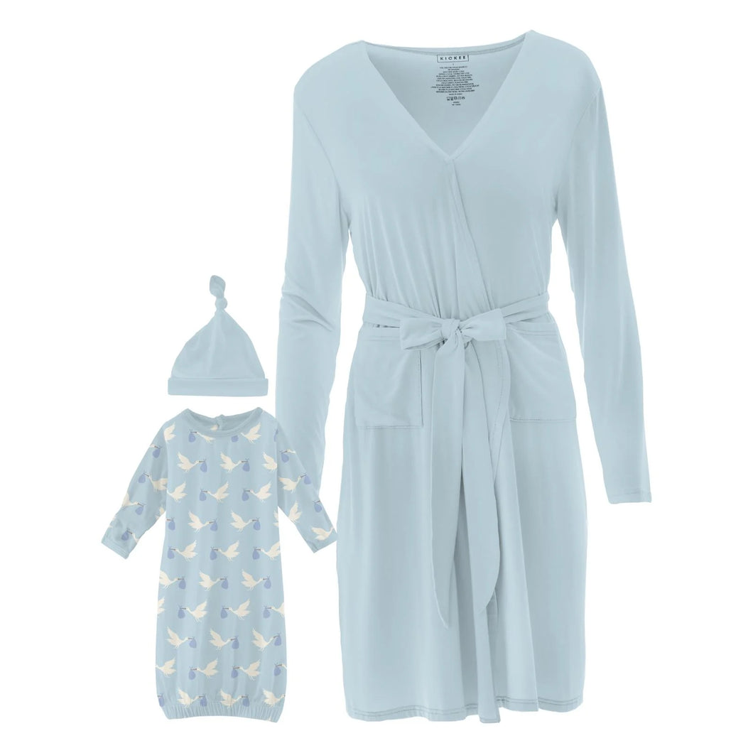 Women's Print Mid Length Lounge Robe & Layette Gown Set - Spring Sky Stork