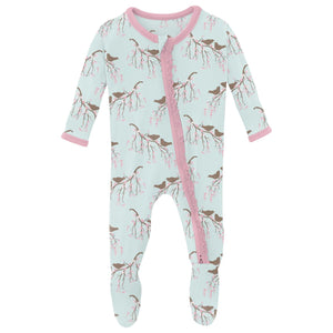 Print Muffin Ruffle Footie With 2 Way Zipper (Fresh Air Bird Branch)