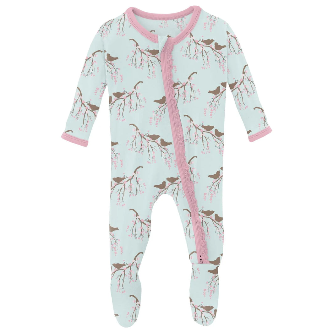 Print Muffin Ruffle Footie With 2 Way Zipper (Fresh Air Bird Branch)