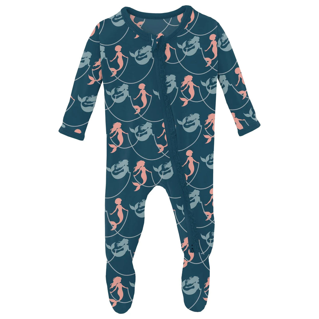 Print Muffin Ruffle Footie With 2 Way Zipper - Peacock Mermaids & Pearls