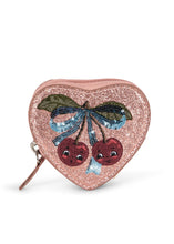 Load image into Gallery viewer, Heart-shaped glittery coin purse with cherry design on a white background
