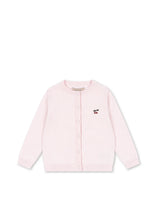 Load image into Gallery viewer, A light pink long-sleeve button-up cardigan sweater with a small embroidered cherry motif on the left chest, displayed flat against a solid white background.
