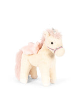 Load image into Gallery viewer, A plush unicorn toy in cream with pink mane and tail, featuring a small silver horn and a pink floral bridle, set against a plain white background.
