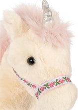 Load image into Gallery viewer, Close-up of a plush unicorn toy with cream-colored fur, fluffy pink mane, silver glitter horn, and a pink floral halter.
