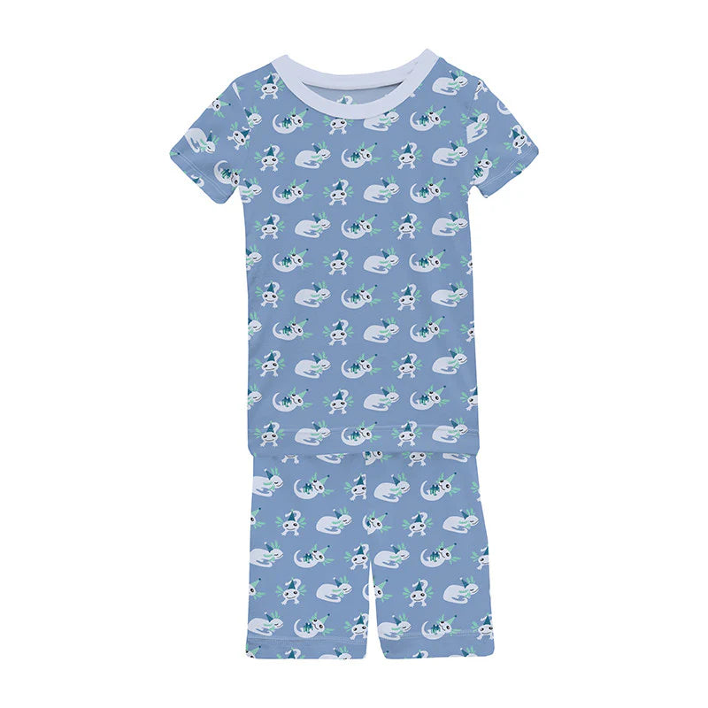 Short Sleeve Graphic Tee PJ Set With Shorts - Dream Blue Axolotl Party