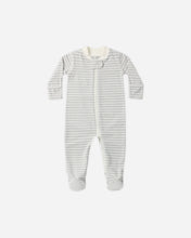 Load image into Gallery viewer, A baby long-sleeve footed sleeper with thin horizontal gray and white stripes, featuring a white collar and front zipper closure, shown on a plain light gray background.
