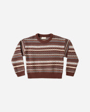 Load image into Gallery viewer, A long-sleeve crewneck knit sweater with horizontal Fair Isle style stripes in brown, cream, and white, displayed flat against a light gray background.
