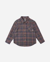 Load image into Gallery viewer, A long-sleeve plaid button-up shirt for kids, featuring a dark slate blue base with rust-orange and brown check lines, displayed flat against a light gray background.
