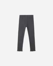 Load image into Gallery viewer, Dark gray ribbed knit cropped pants with raw frayed hems, shown flat against a light gray background.
