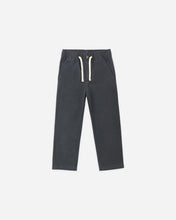 Load image into Gallery viewer, Dark gray pants with a white drawstring, shown flat against a white background.

