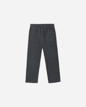 Load image into Gallery viewer, Dark gray pants with an elastic waistband and two back patch pockets, shown from the back on a light gray background.
