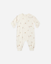 Load image into Gallery viewer, An off-white long-sleeve baby jumpsuit with a small brown hedgehog print, displayed flat against a light gray background.

