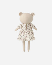 Load image into Gallery viewer, Back view of Bonnie the Bear, showing the floral dress’s button closure, puff sleeves, and ruffled hem.
