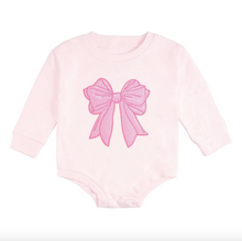 Load image into Gallery viewer, Pink baby onesie with a large bow on a white background
