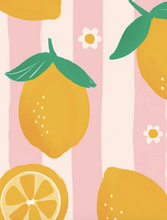 Load image into Gallery viewer, Pattern of yellow lemons with green leaves on a pink and white striped background.

