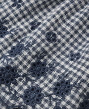 Load image into Gallery viewer, Close-up of blue and white checkered fabric with floral patterns
