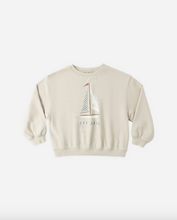 Load image into Gallery viewer, Beige sweatshirt with sailboat graphic and text on a white background

