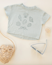 Load image into Gallery viewer, Light green crop top with shell designs on a beige background
