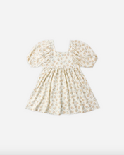Load image into Gallery viewer, Floral dress with puff sleeves on a white background
