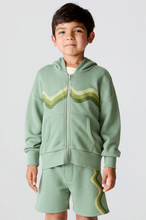 Load image into Gallery viewer, Child wearing a green hoodie and shorts set with a white background
