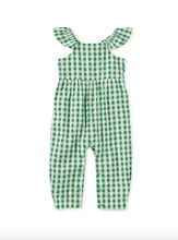 Load image into Gallery viewer, Green and white checkered romper on a white background
