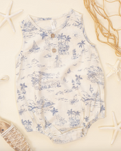 Load image into Gallery viewer, Baby romper with blue floral pattern on a beige background
